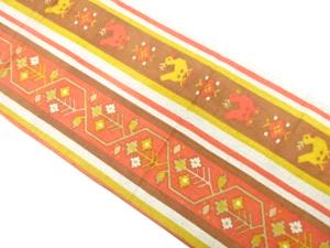 手織り紬　縞に抽象花鳥模様織り出し　全通袋帯